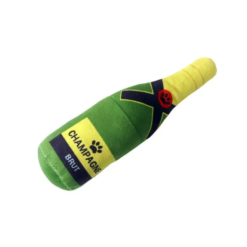 Green plush pet toy shaped like a wine bottle for dogs or cats to play with.