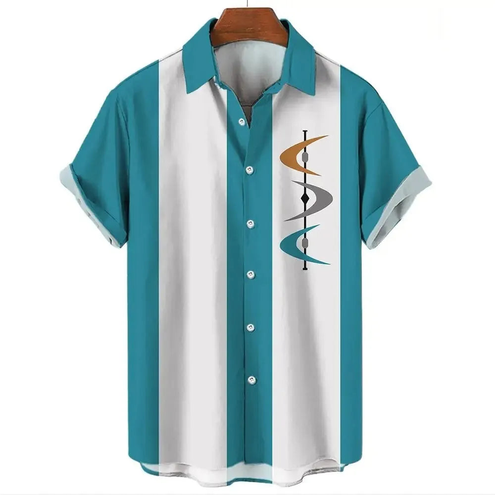Man wearing a blue and white striped Hawaiian style short sleeve button-down shirt.