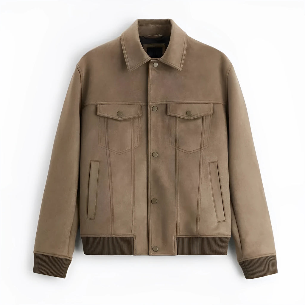 British style suede velvet commuter jacket in mink colour with long sleeves and flexible spandex composition