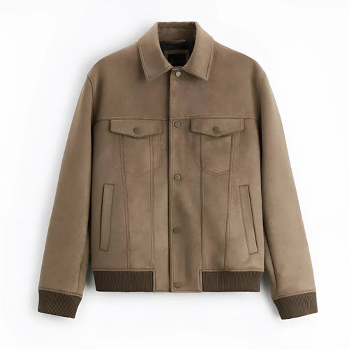 British style suede velvet commuter jacket in mink colour with long sleeves and flexible spandex composition