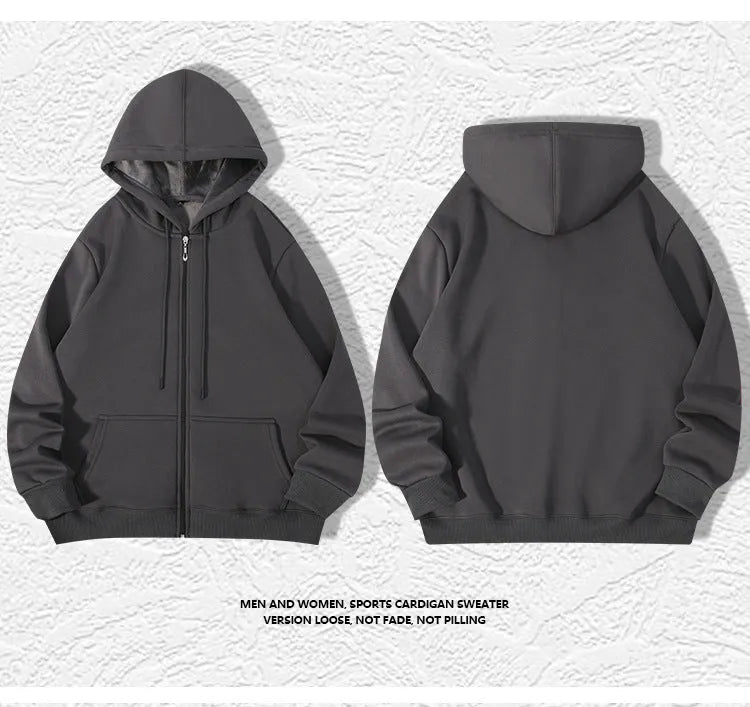Men's heavyweight zip hooded sweater in charcoal grey showing front kangaroo pockets and adjustable hood
