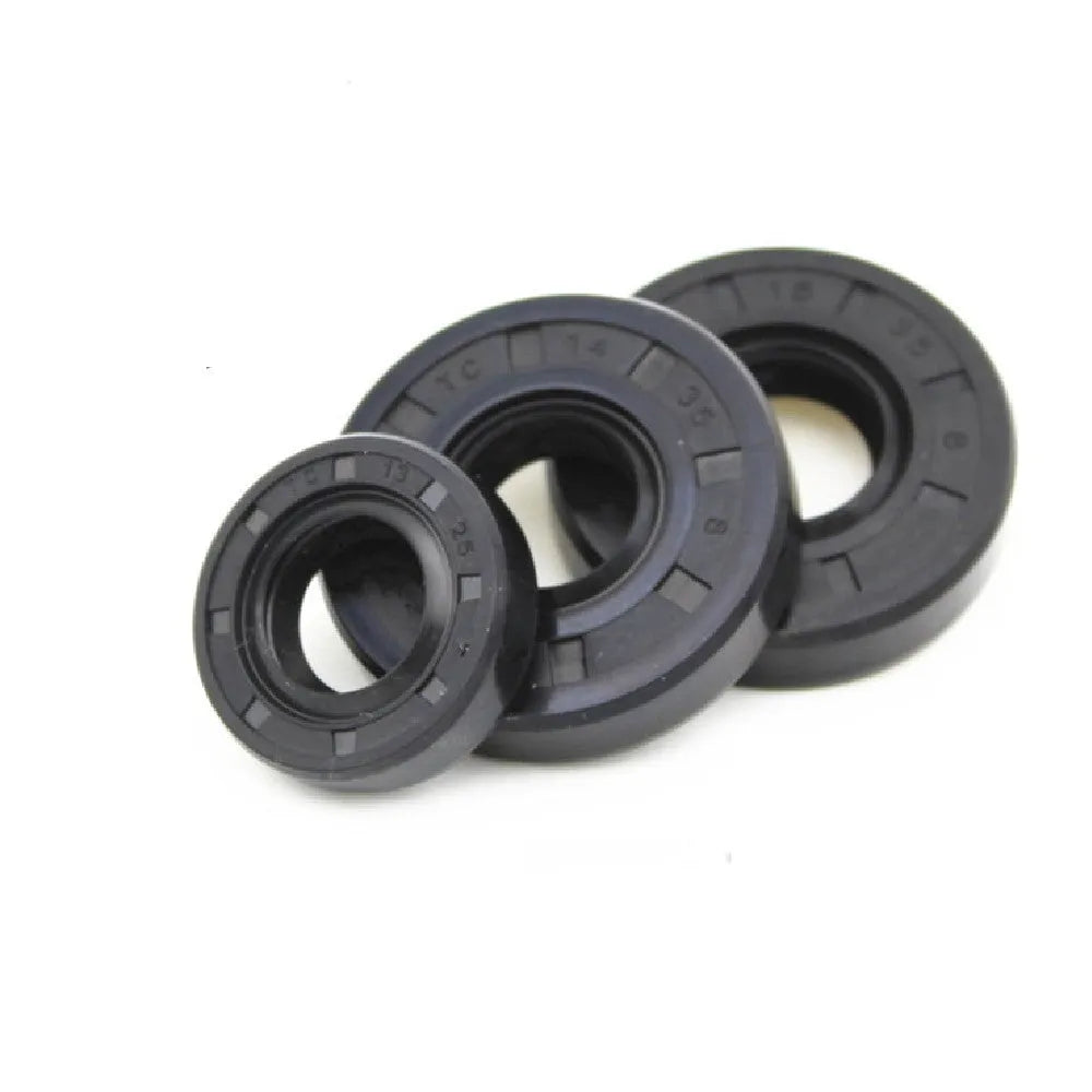 AG100 motorcycle rubber oil seal kit showing multiple black seals with carbon steel cores in various thicknesses