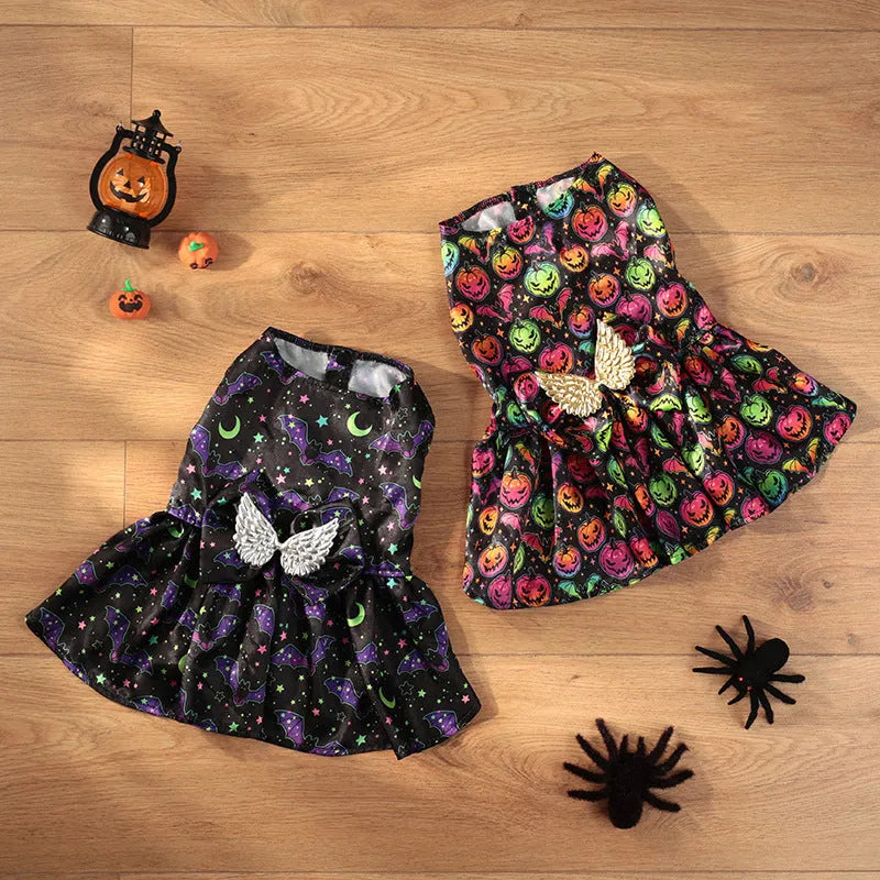 Halloween dog costume with angel wings in bright pumpkin or bright bat colours