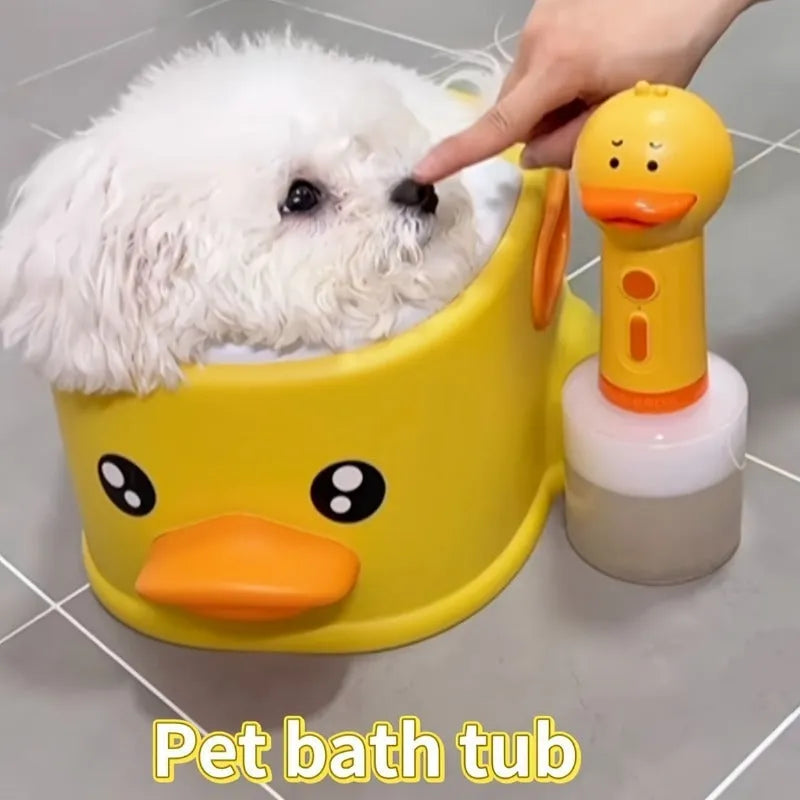 Blue PVC duck-shaped bathtub for dogs and cats on a white background