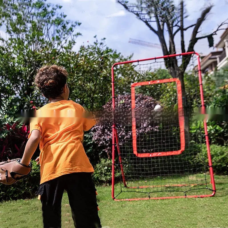 Red baseball training net with metal frame shown in packed position measuring 95cm long