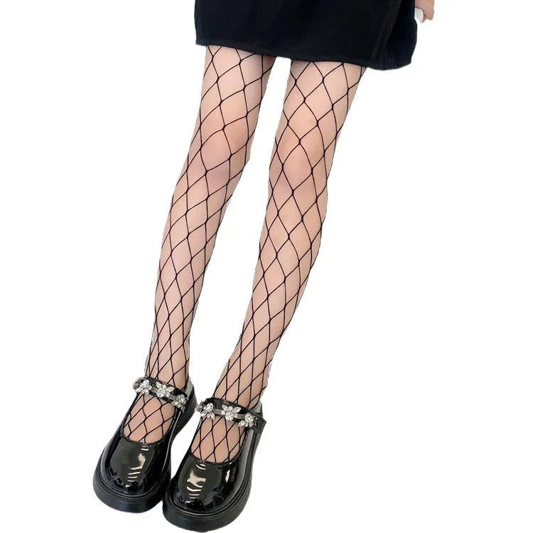 Sheer mesh pantyhose for women showing large, medium and small net patterns in black and white
