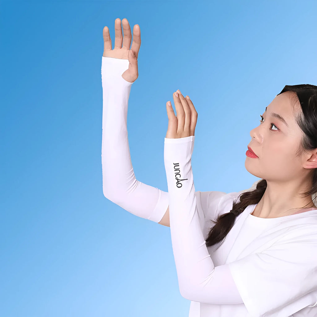 Unisex open-finger nylon sun protection sleeve for driving, shown in blue.