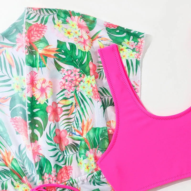 Girls' two-piece swimsuit with Korean floral patterns and briefs design in polyester fabric