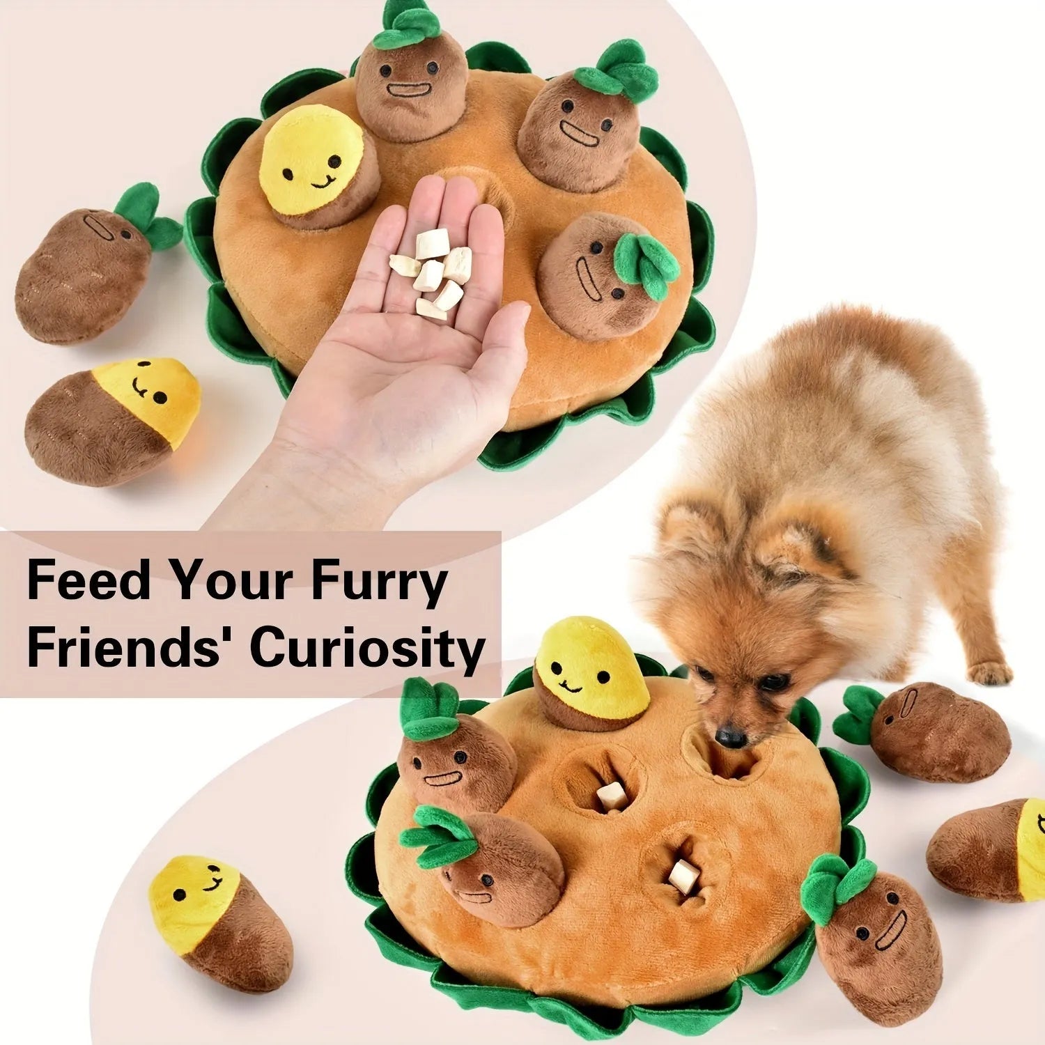 Yellow interactive dog puzzle feeding pad with removable squeaky plush toys for foraging games
