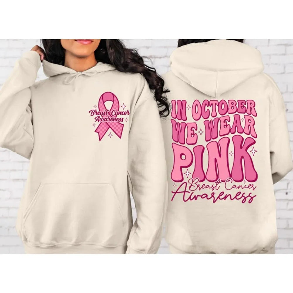Women's pink Breast Cancer Awareness pullover hoodie with retro hot stamp print and side seam pockets.
