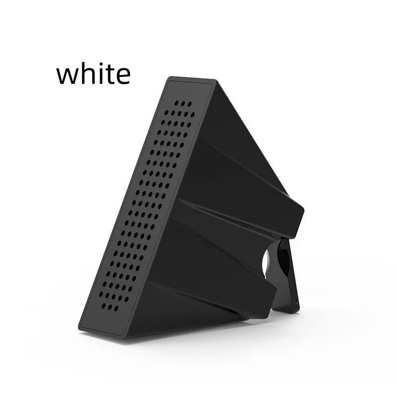 A portable black ABS plastic mobile phone amplifier bracket holding an iPhone.