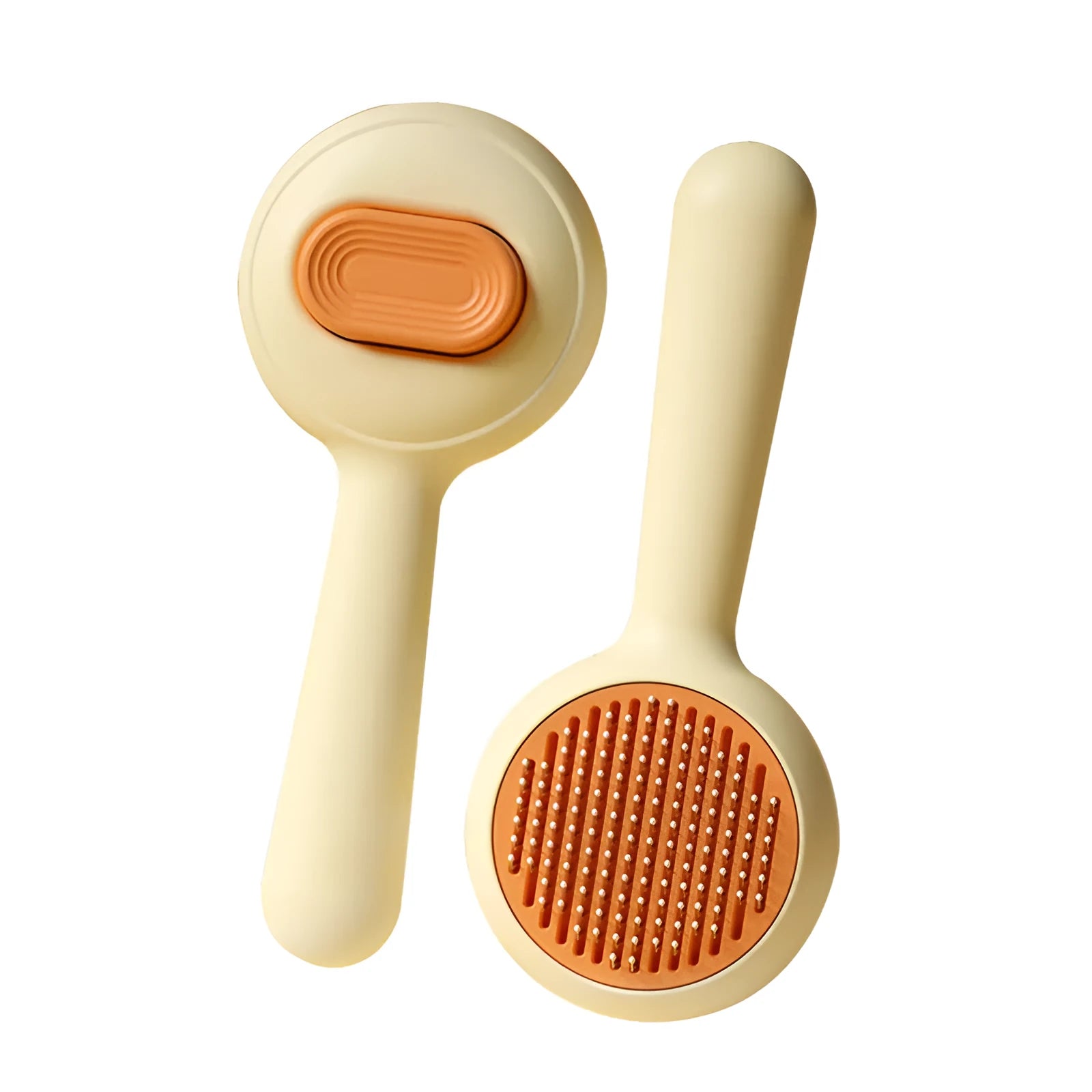 Cat grooming brush with stainless steel teeth and non-slip handle in green and yellow colour options