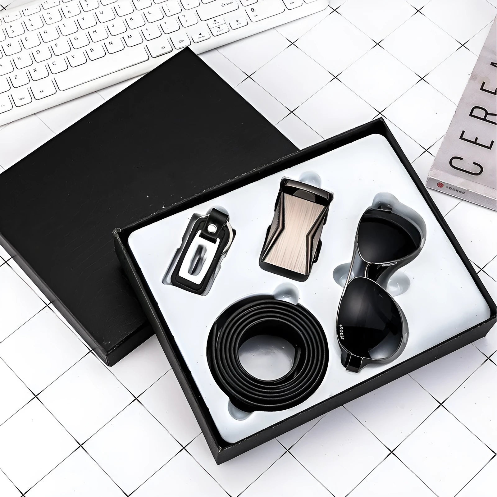Business gift set for men with belt, wallet, quartz watch with leather strap, and pen in box