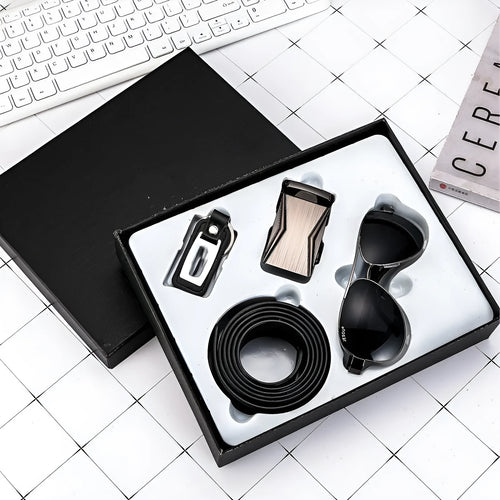 Business gift set for men with belt, wallet, quartz watch with leather strap, and pen in box