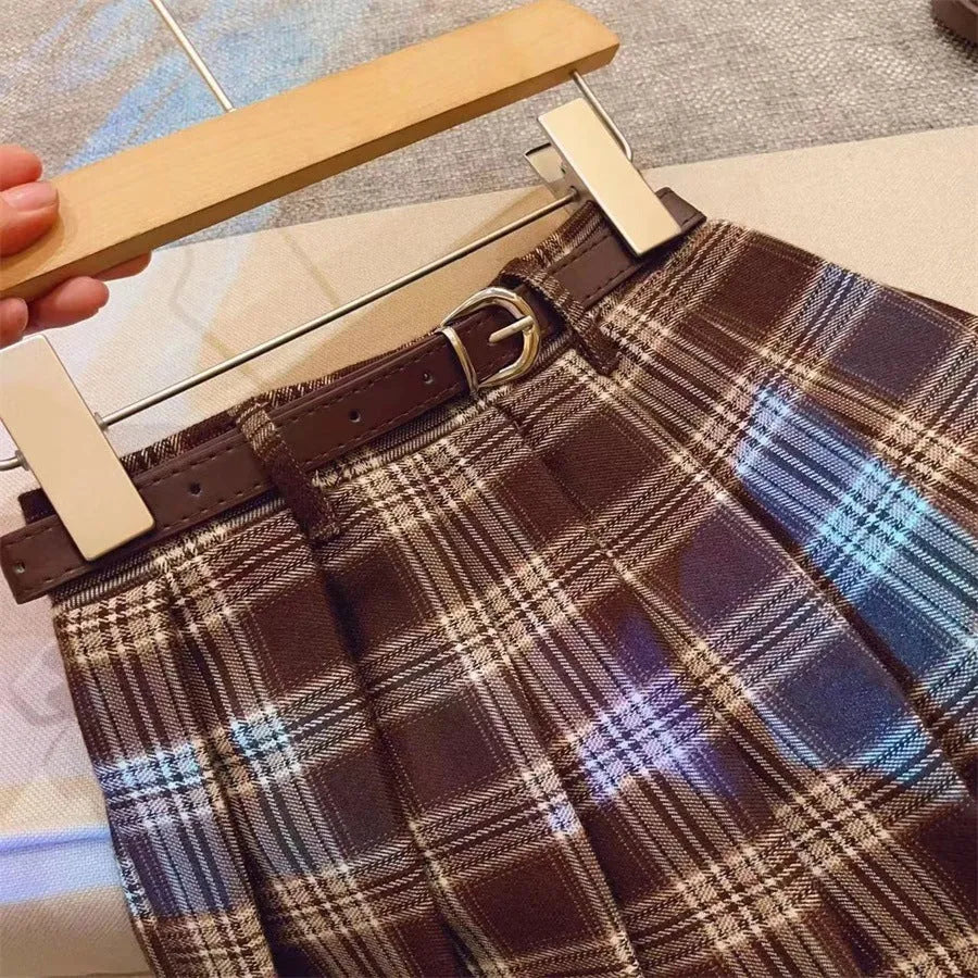 Girls' plaid pleated cotton skirt in A-line style with multiple size options