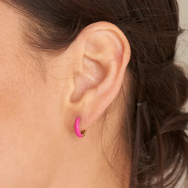 Curved oval epoxy earrings with colourful drip finish in geometric U-shape design