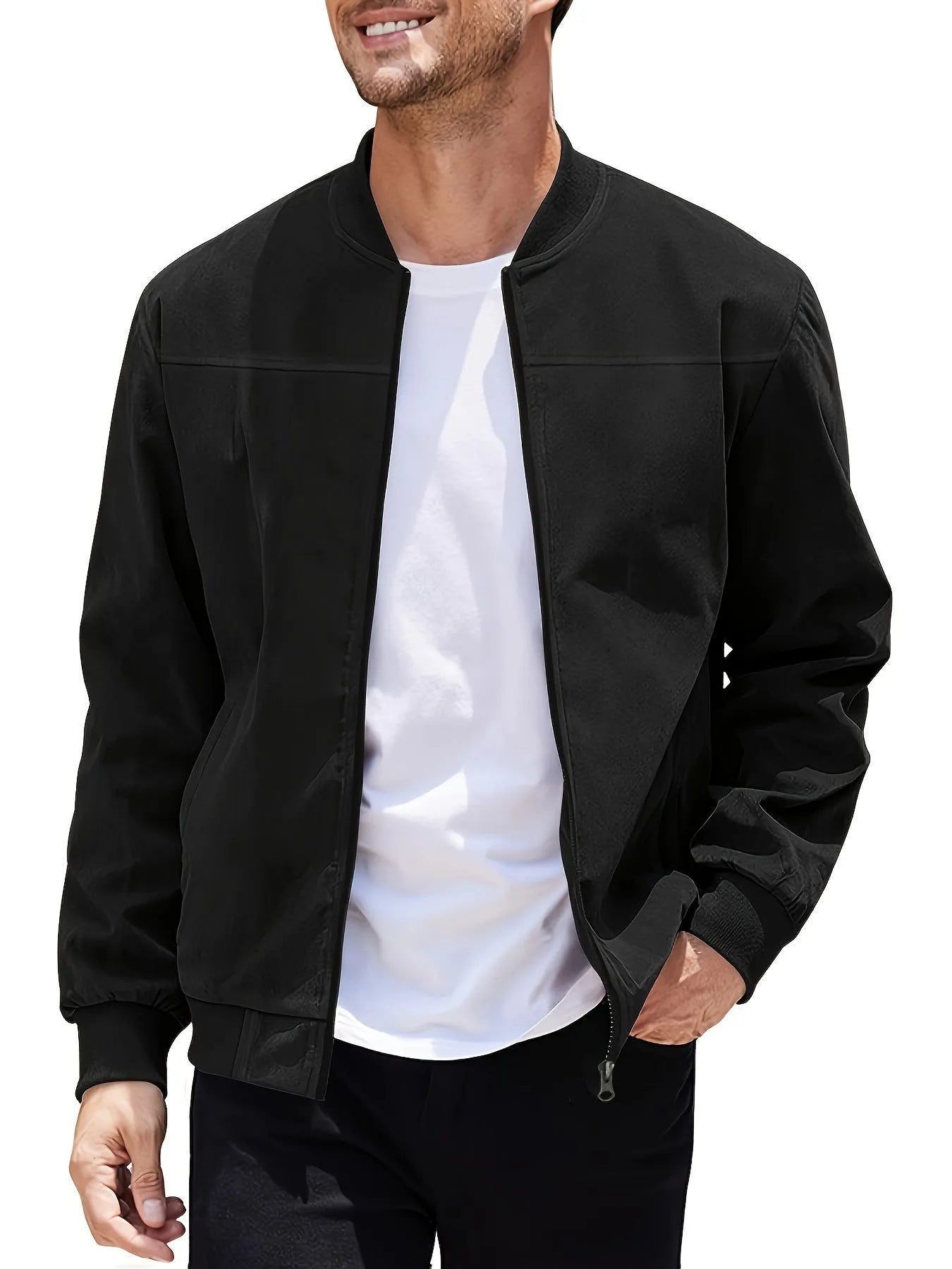 Men's plus size suede casual zip-up jacket in army green on a hanger.