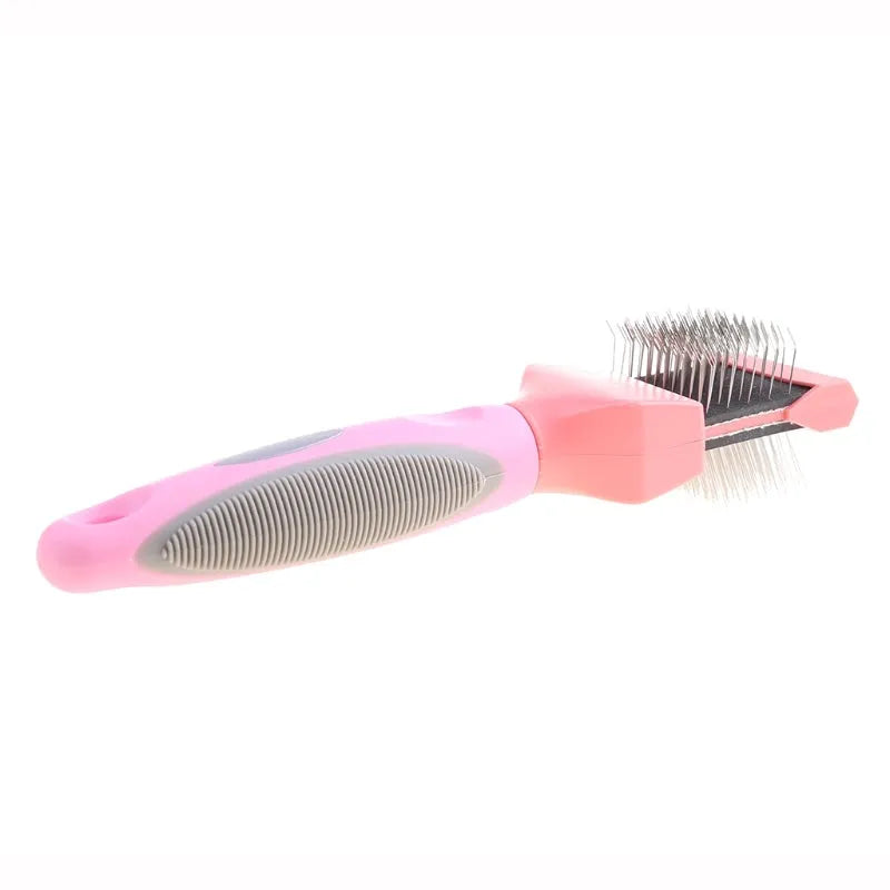 Double-sided pet grooming brush with stainless steel pins and ergonomic handle in blue colour
