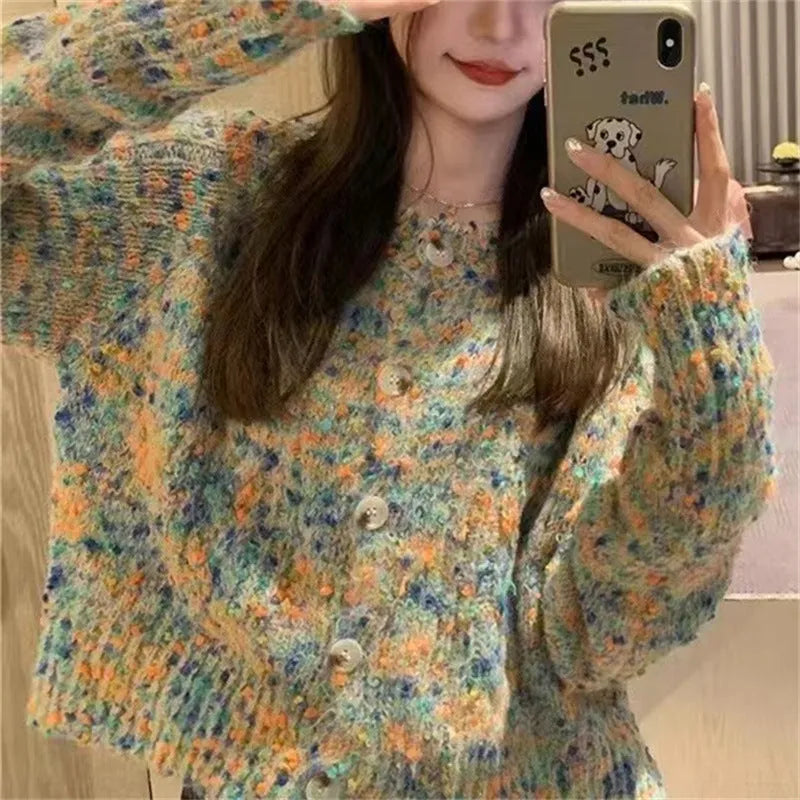 Rainbow knitted cardigan sweater in retro gentle idle style showing toothbrush hair fabric texture