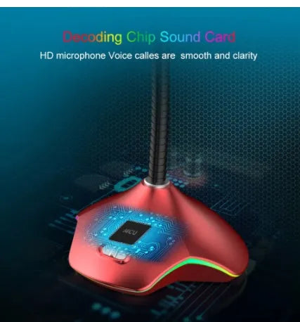 Black wired desktop microphone with foam windscreen on a stand.
