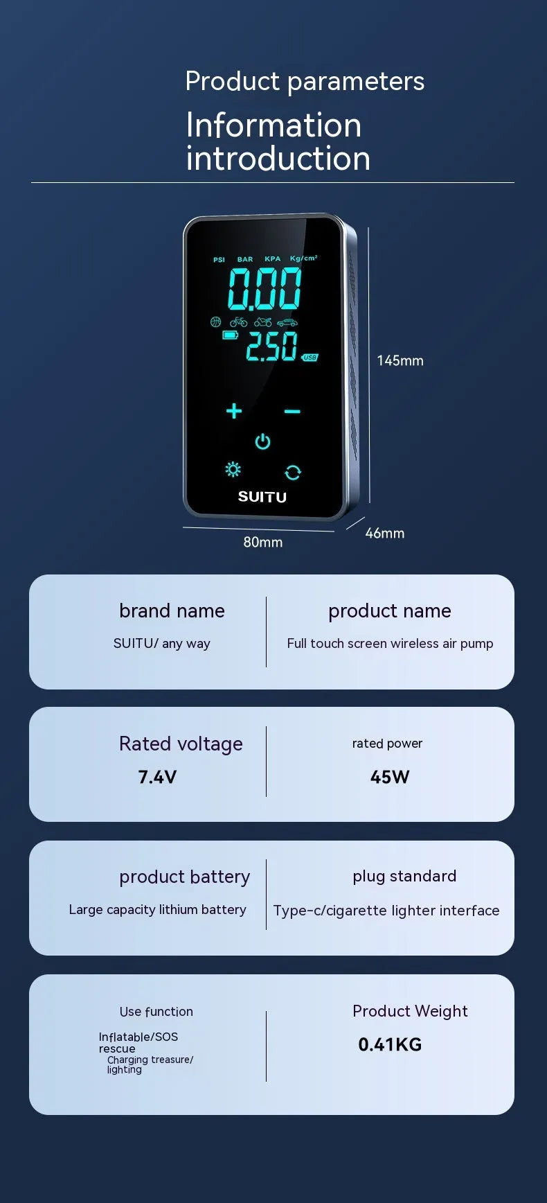 Wireless car tyre inflator with digital LCD screen showing pressure reading