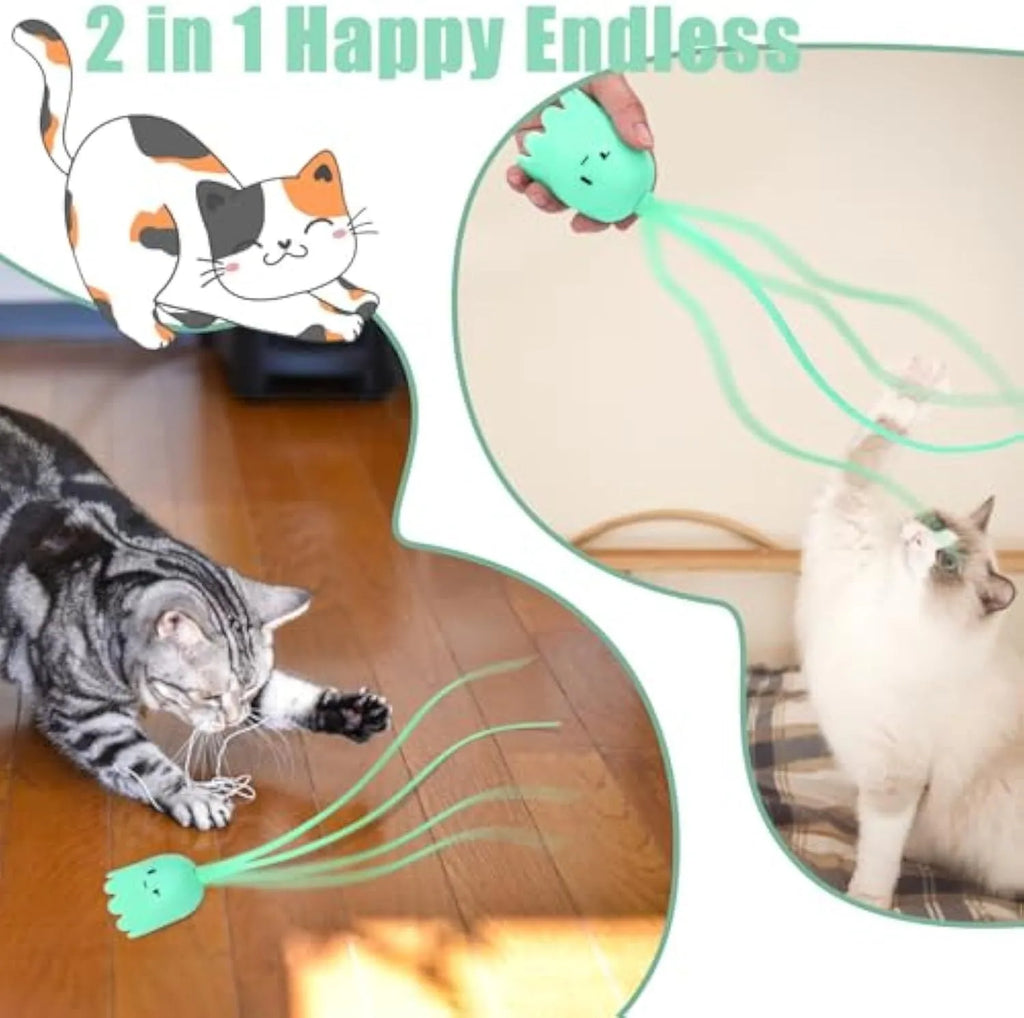 Green automatic electronic cat wand toy with swinging silicone tails on white background