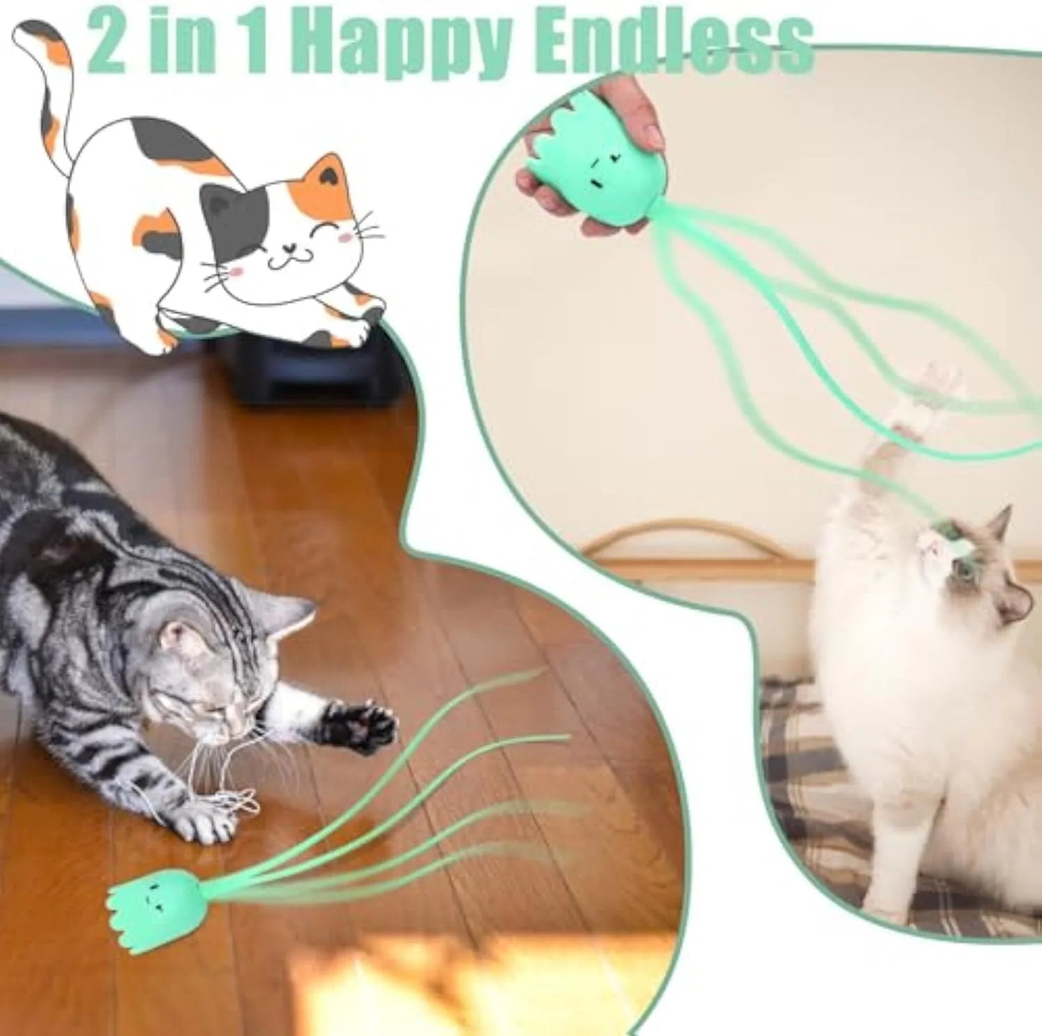 Green automatic electronic cat wand toy with swinging silicone tails on white background