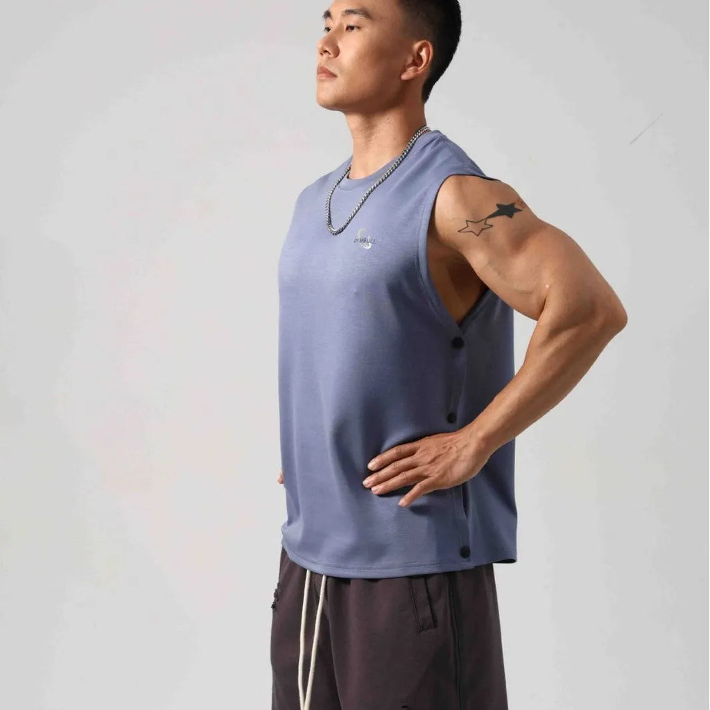 Korean style men's loose cotton fitness vest with hidden side hooks in black.