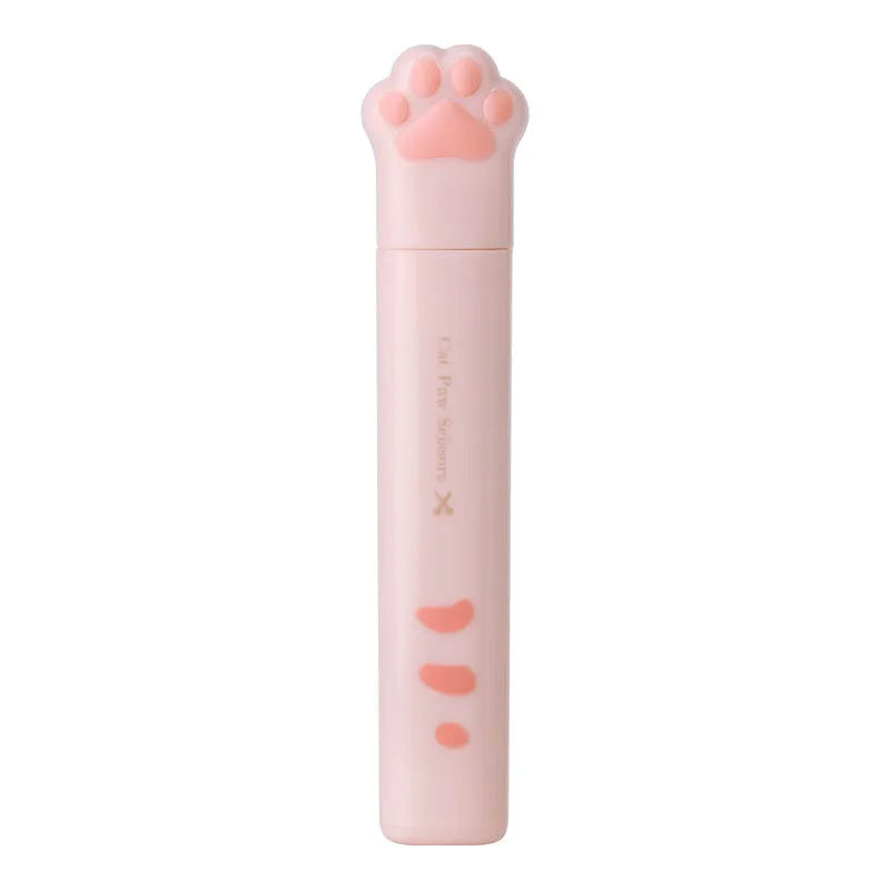 Small stainless steel folding scissors with cat paw handles shown in pink, blue, black, and white.