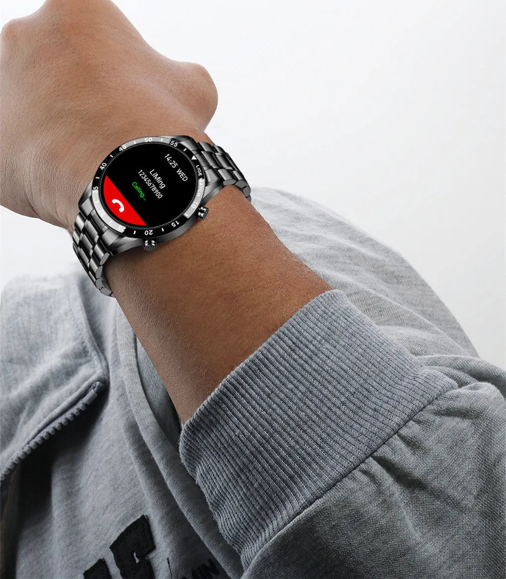 Stainless steel smart watch with 1.3 inch touchscreen display showing step count on black or silver wristband