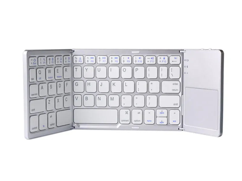 Black tri-fold Bluetooth keyboard unfolded showing keyboard keys and touchpad