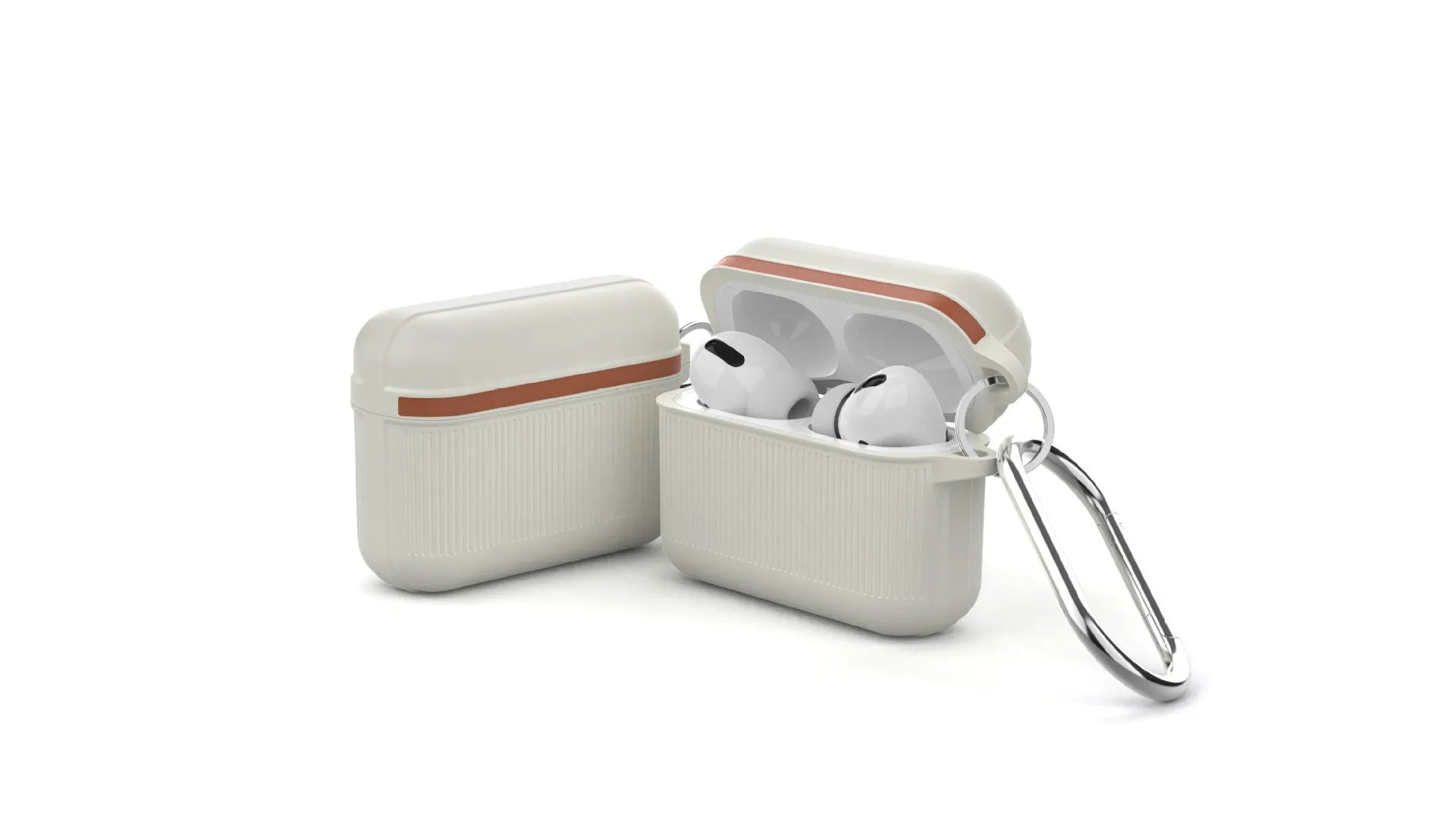 Silicone clamshell protective case for Apple AirPods in various colours showing split design and metal buckle.