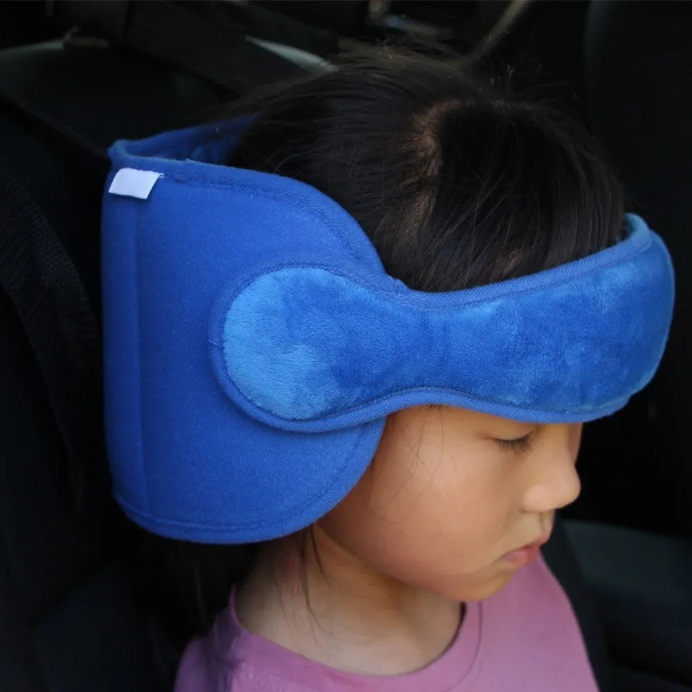 Child car seat head support in blue with hook and loop neck strap and rear waistband