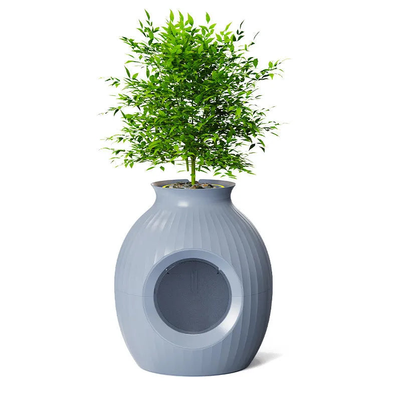 Oversized flower pot style fully enclosed deodorant litter box in gray ABS plastic