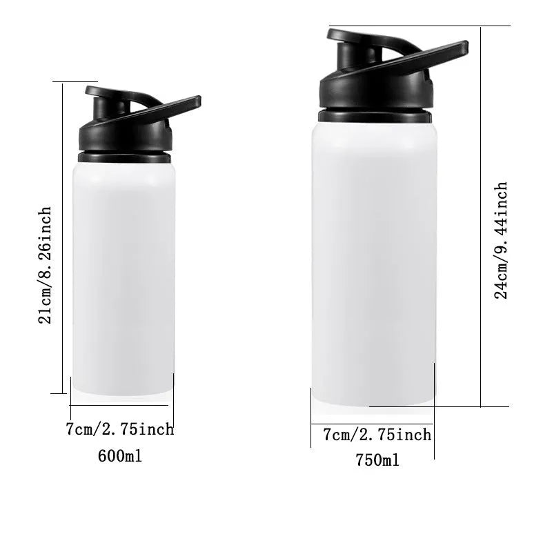 White aluminium sports water bottle with drinking spout shown in 600ml and 750ml capacity options