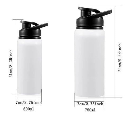 White aluminium sports water bottle with drinking spout shown in 600ml and 750ml capacity options
