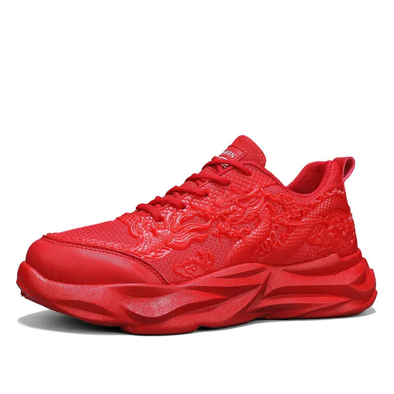 Casual sneakers with Chinese dragon artwork on breathable fly knit material and rubber soles