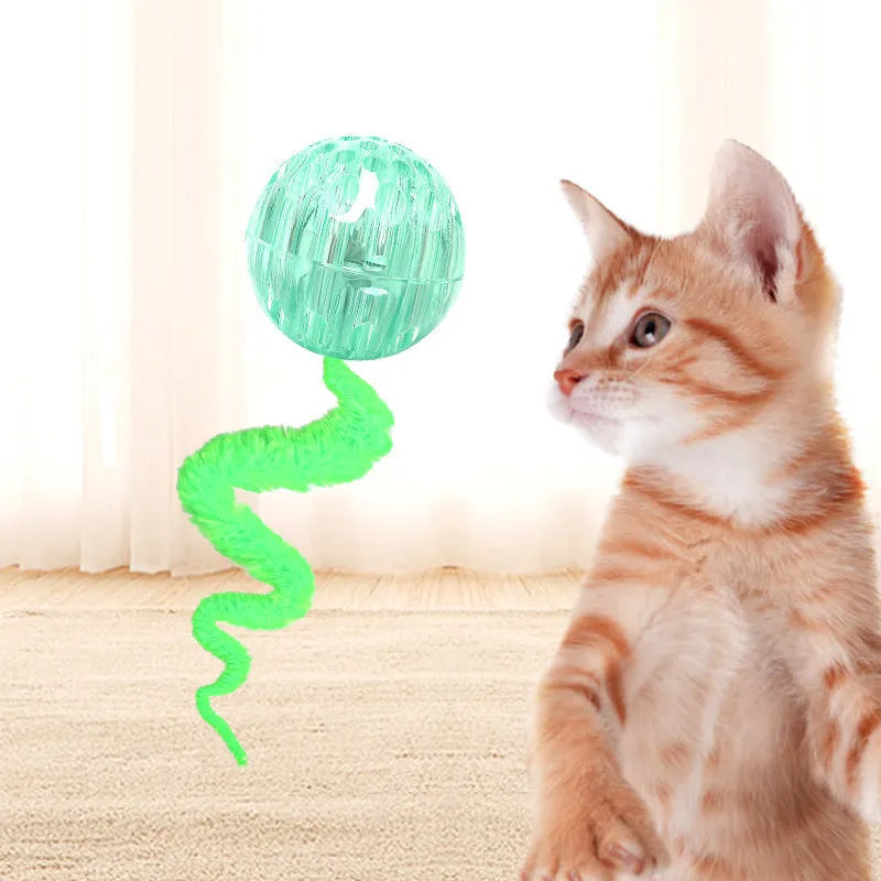 Interactive cat ball toy with worm tail attachment in green, pink, or purple colours