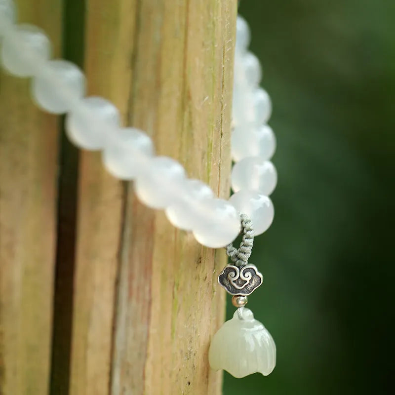 Original design women's bracelet in S925 sterling silver with white agate and Hetian jade geometric lotus pattern