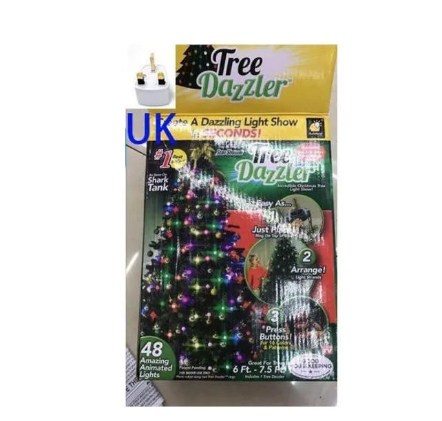 64 LED dazzler shower tree light string on a Christmas tree showing cascading lights with IP44 outdoor rating