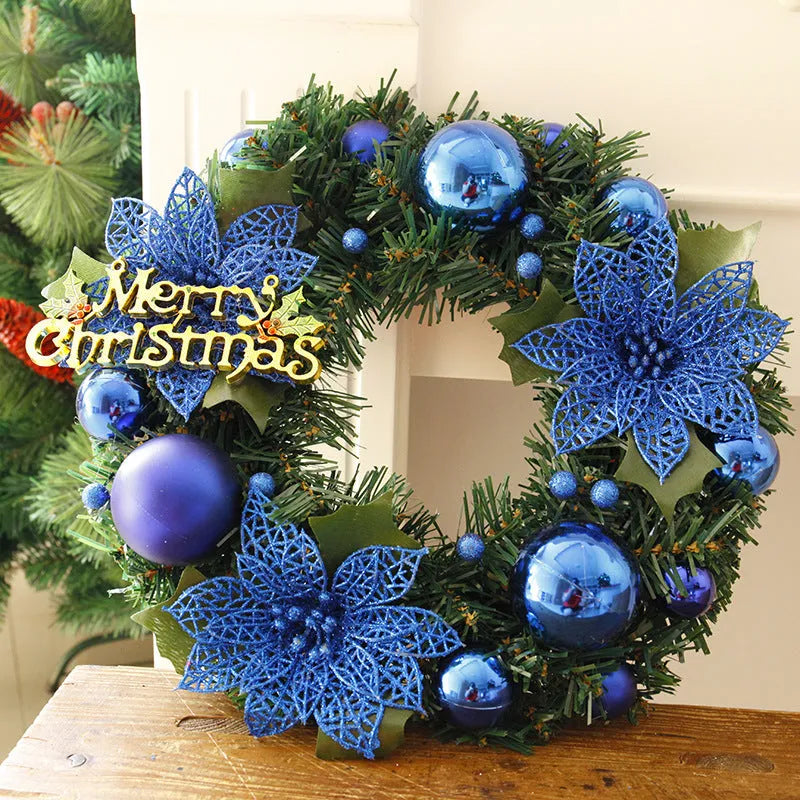 30cm multicolour plastic Christmas wreath in red, gold, silver, blue, pink or purple on a door.
