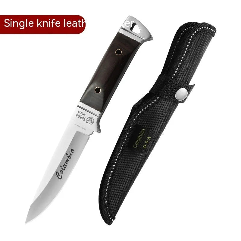 Camping portable fruit knife with stainless steel blade in leather case