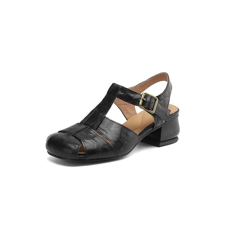 Women's genuine leather Roman sandals with square toe, available in black, red, beige, and creamy-white – sizes 34-40