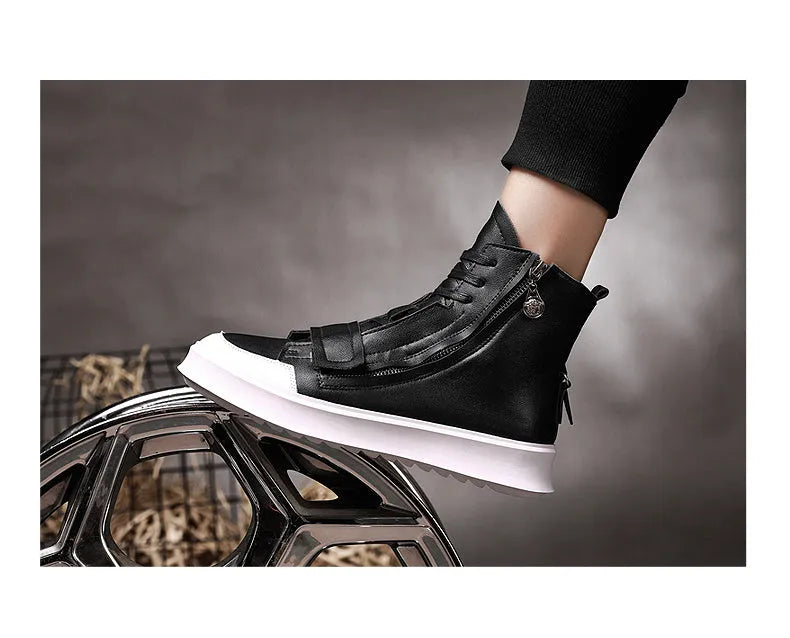 Black and white PU leather men's ankle boots with microfiber upper and high-top sneaker design for winter wear