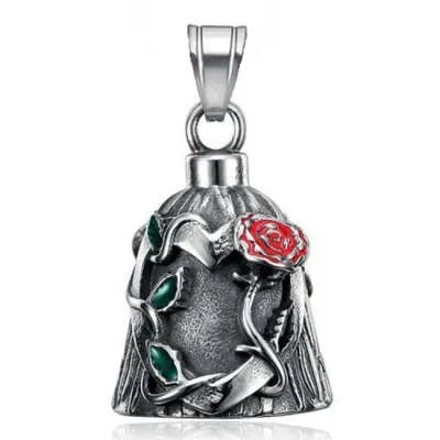 Titanium steel motorcycle lucky bell pendant with geometric shape and double-sided epoxy rose design