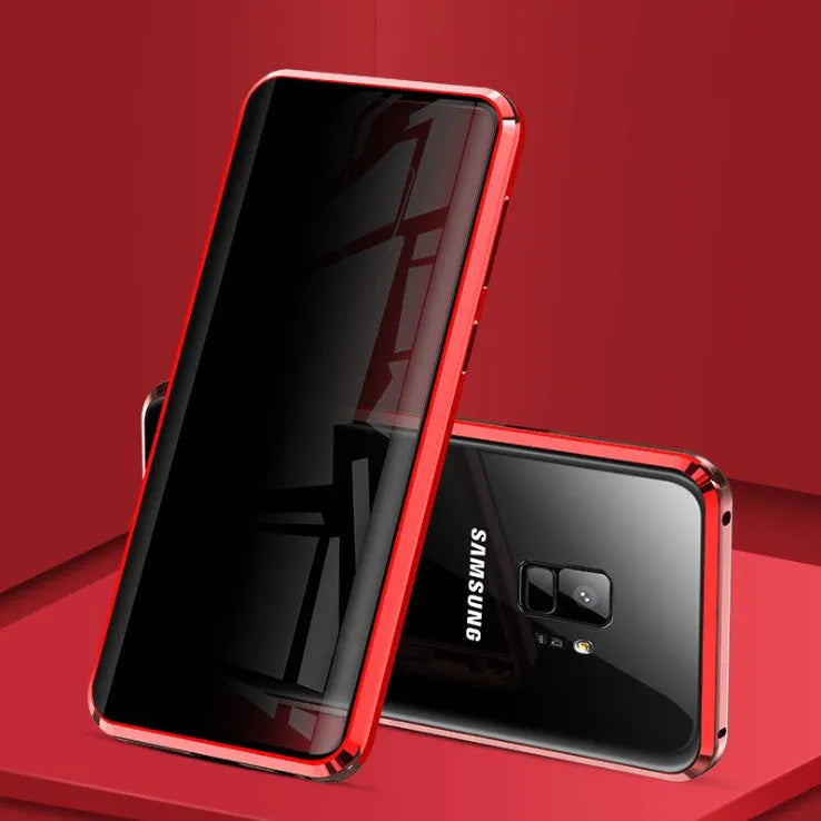 Samsung anti-peeping magnetic phone case in clamshell design with privacy screen and double-sided glass protection