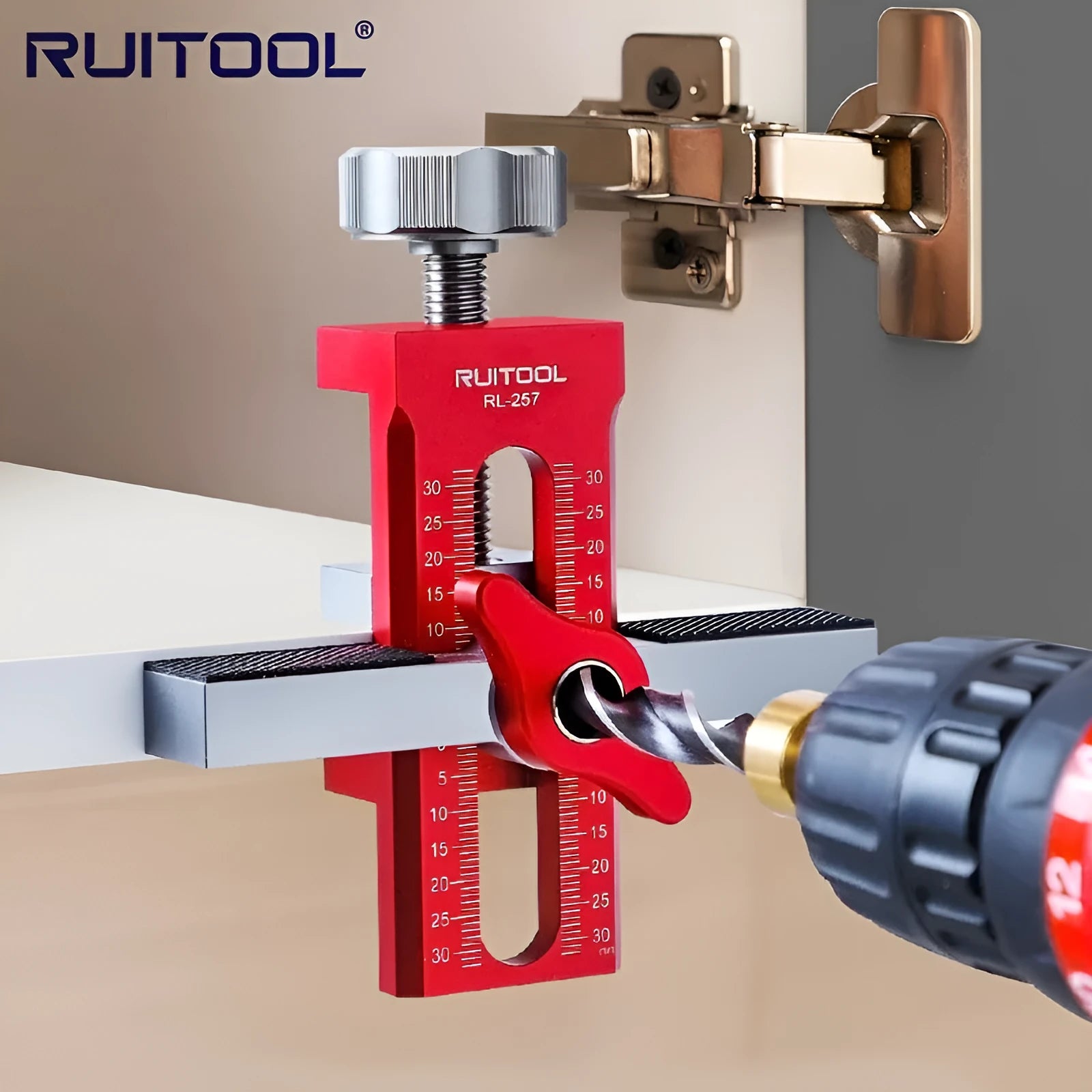 Aluminium alloy cabinet door installation aid tool for woodworking.
