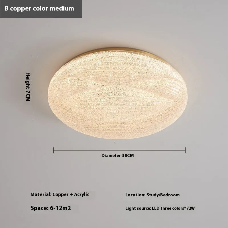 Modern light luxury cream style copper round ceiling lamp for bedroom with 26cm diameter option