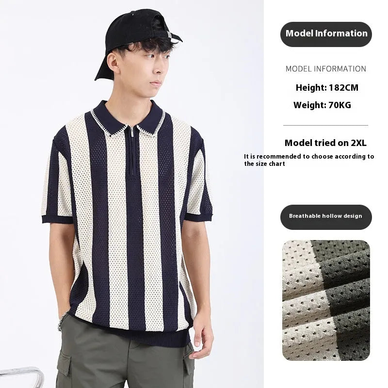 Men's black and white striped short sleeve ice silk sweater with a decorative zip.