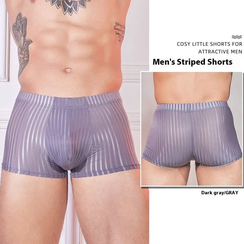 Men's striped thin transparent nylon underwear in black, white and dark grey colours